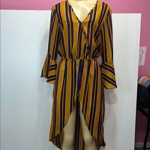 Yellow and Black High-Low Wrap‎ Dress with Bell Sleeves ZS S